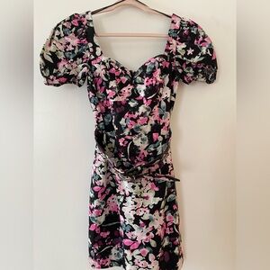 BAR III Mini Black and Neon Floral Dress with Puff Sleeves and Belt SIZE 2